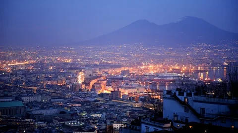 Time Lapse Aerial View Naples City Skyline Mount Vesuvius Volcano Dusk to Night Stock Footage 99385982