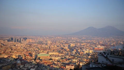 Time Lapse Aerial View Naples Skyline with Mount Vesuvius Volcano Sunset Light Stock Footage 99386308