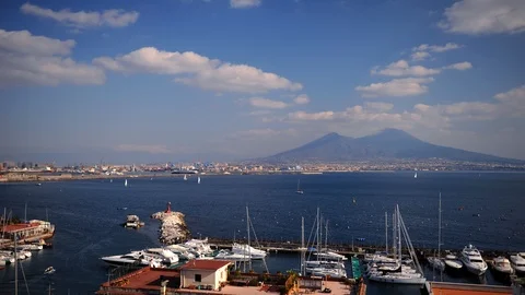 Time Lapse Aerial View of Naples Port Skyline Yachts Docked in Porto Santa Lucia Stock-Footage 99386418