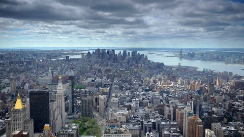Time Lapse Aerial View of New York City Skyline Iconic Sightseeing Cloudy Day Ny Stock Footage 90757698