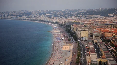 Time Lapse Aerial View of Nice and People on Mediterranean Sea Beach Cote D'azur Video stock 92578436