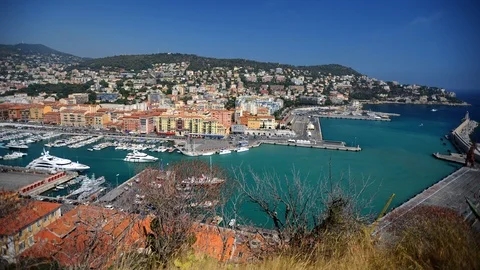 Time Lapse Aerial View of Nice City Luxury Yacht in Port Cote D'Azur Sightseeing Stock-Footage 92578622