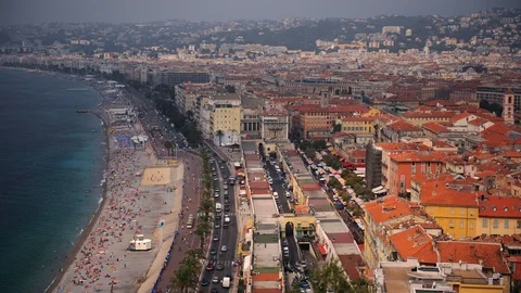Time Lapse Aerial View of Nice Tourists People Relax Promenade Des Anglais Beach Stock Footage 98936826