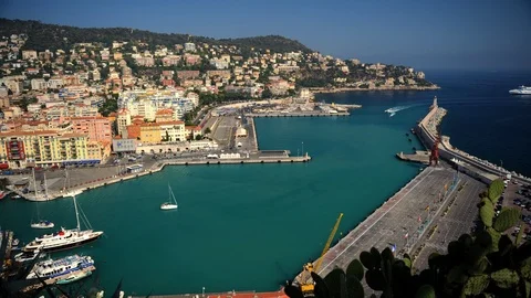 Time Lapse Aerial View of Nice Port with Luxury Yacht Docked in French Riviera Vídeo Stock 98937040