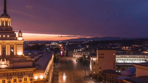 Time Lapse Aerial View night and sunrise on capital of Bulgaria - Sofia Stock Footage 237269722