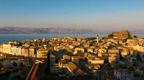 Time-lapse: aerial view of old city from New fortress before sunset, Corfu Stock Footage 8511758