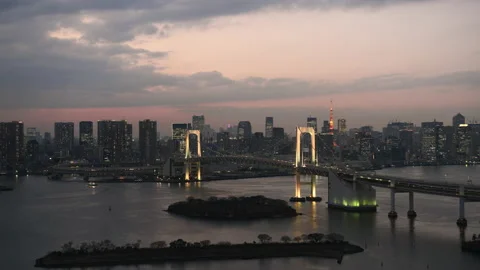 Time-lapse: Aerial view of Rainbow bridge at dusk Tokyo , Japan Stock Footage 152123733
