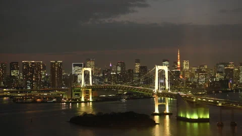 Time-lapse: Aerial view of Rainbow bridge at dusk Tokyo , Japan Видео 152293050