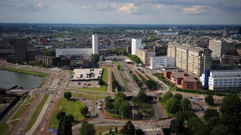 Time Lapse Aerial View of Rotterdam Skyline Cars Traffic on Street Rush Hour Day Video stock 106069737