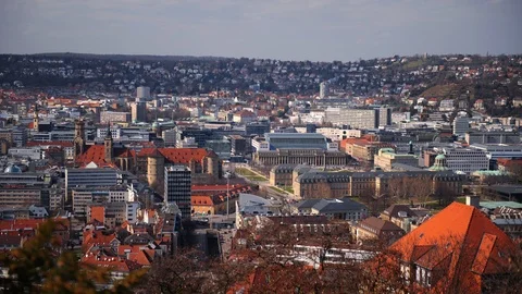 Time Lapse Aerial View of Stuttgart Skyline Crowded Urban Buildings Cars Traffic Vídeo Stock 95982869
