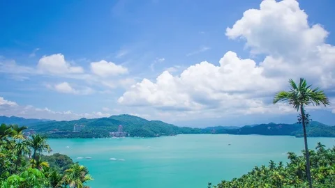 Time Lapse - Aerial View of Sun Moon Lake, Taiwan with Nice Cloudscape - 4K Stock Footage 80459365