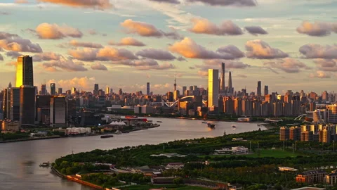 Time-Lapse Aerial View of Typhoon Clouds Moving Over Shanghai Huangpu River Stock Footage 312727987