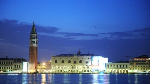 Time Lapse Aerial View of Venice Skyline San Marks Square Landmark Dusk to Night Stock-Footage 99667237