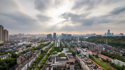 Time lapse of aerial view of wuhan city with yangtze river ,China Stock Footage 79755306