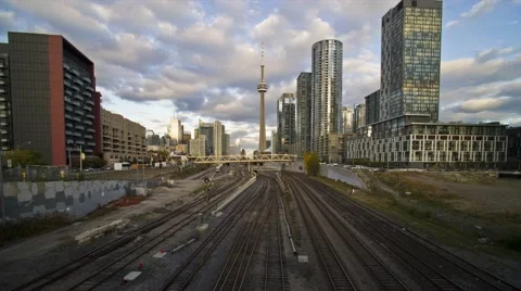 Time lapse afternoon to eavening Tronto downtown view with heavy trains traffic Stock Footage 56022705