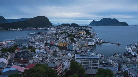 Time lapse of Alesund at night in cloudy day in summer season, Norway Stock Footage 127877485