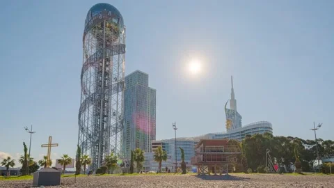 Time lapse of alphabetic tower, skyscrapers and embankment of Batumi city 库存影片 148470776