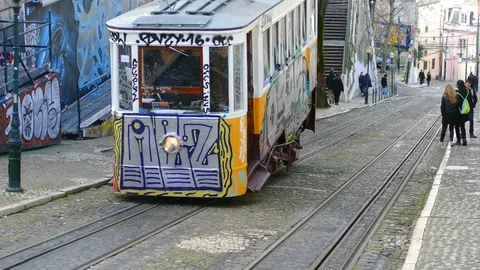 Time-lapse of the ancient funicular on the steep streets of central Lisbon Stock Footage 88261997