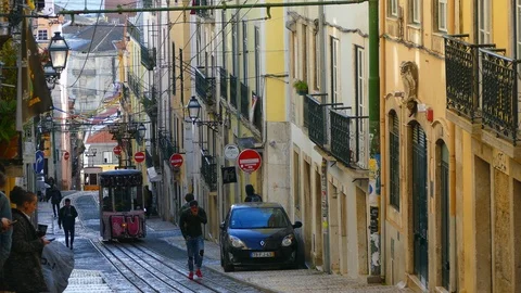 Time-lapse of the ancient funicular on the steep streets of central Lisbon Stock Footage 88262456
