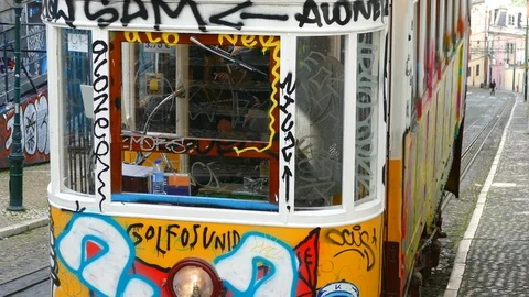 Time-lapse of the ancient funicular on the steep streets of central Lisbon Stock Footage 88262461