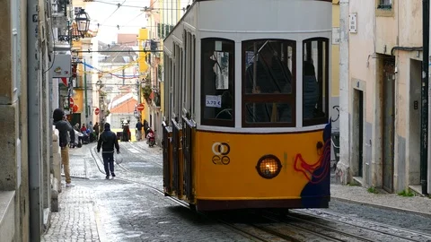 Time-lapse of the ancient funicular on the steep streets of central Lisbon Stock Footage 88262802