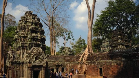 Time Lapse of Angkor Prohm Temple Tourists People Visit Iconic Architecture Day Stock Footage 105229133