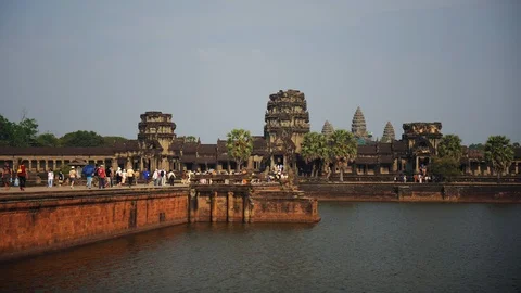 Time Lapse of Angkor Wat Temple Entrance People Visit World's Largest Landmark Stock Footage 99664122