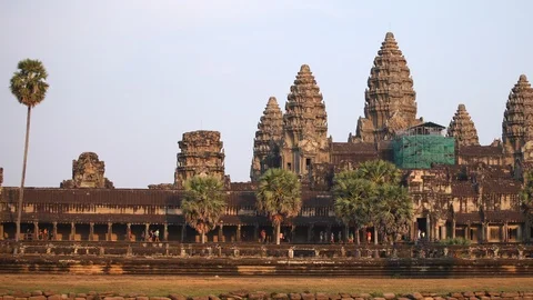 Time Lapse Angkor Wat Temple Crowd of People Visit Famous Landmark Sunset Light Video stock 102956092