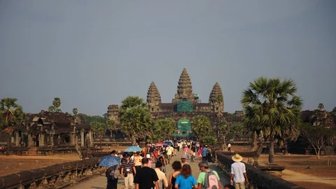 Time Lapse of Angkor Wat Temple Tourists People Visit Famous Buddhist Building Stock Footage 102956328
