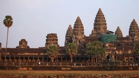 Time Lapse Angkor Wat Temple Tourist People Visit Buddhist Landmark Sunset Light Stock Footage 106073851