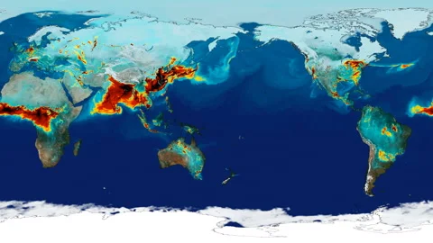 Time lapse animation simulated surface carbon monoxide concentration to study Stock Footage 100399514