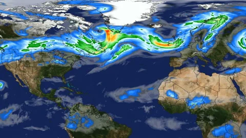 Time lapse animation simulated wind speeds on planet earth with color graphic Vidéo 100398189