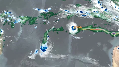 Time lapse animation tracking Freddy, longest-lived tropical cyclone on record. Vidéo 288107828