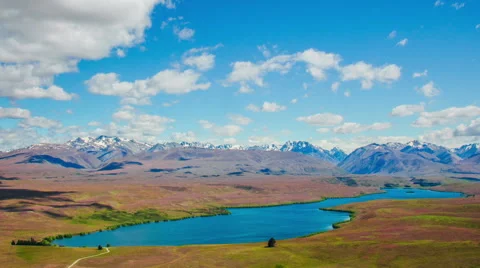 Time Lapse - Ariel View of Lake Tekapo with Mountain Range, New Zealand Video stock 65202494