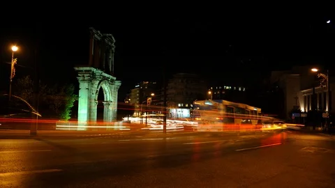 Time Lapse of Athens City with Arch of Hadrian and Cars Traffic Rush Hour Night Stock Footage 104472233