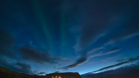 Time Lapse of Aurora Borealis during dusk or blue hour in Iceland. 4K UHD Stock Footage 96439483