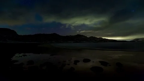 Time lapse of aurora borealis over lake Kleifarvatn Stock Footage 73079808