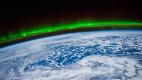 Time lapse Aurora Borealis over North Atlantic Ocean view from space in 4K Stock Footage 74285651