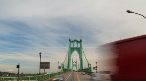 Time Lapse of Auto Traffic on St. Johns Bridge and Clouds in Portland Oregon Stock Footage 46950080
