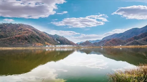 Time Lapse of Autumn Color Forest Lake Flow Cloud Reflection Stock Footage 337942164