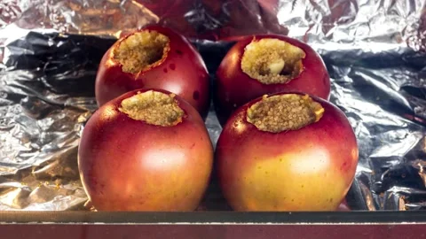 Time Lapse of Baking Apples in Oven with Brown Sugar and Cashew Stock Footage 200073085