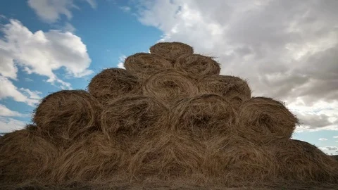 Time lapse of Bales of straw at the beautiful meadow landscape with moving Stock Footage 75333251