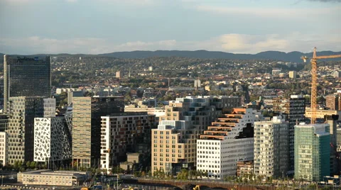 Time Lapse of the Bar Code Buildings in Downtown Oslo Norway Stock Footage 59935382