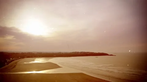 Time-lapse of a bay in evening . Old movie, sepia tones, scratches, flickering Stock Footage 49401297