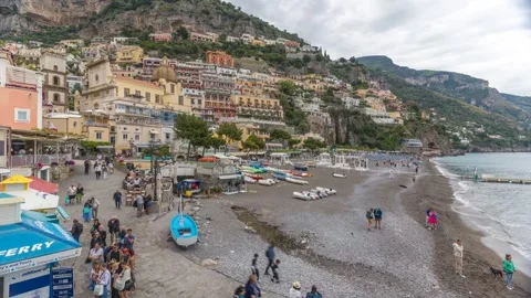 Time lapse of beach and town, Positano, Campania, Italy, Europe Stock Footage 275832345