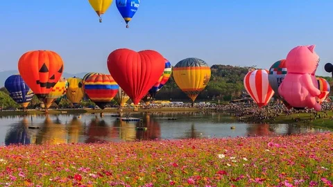 Time Lapse Beautiful Balloons Of Singha Park International Balloon Fiesta 2017 Stock Footage 72933154