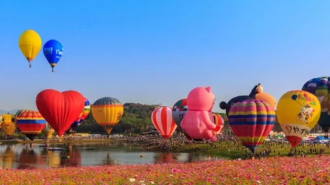 Time Lapse Beautiful Balloons Of Singha Park International Balloon Fiesta 2017 Stock Footage 72933170