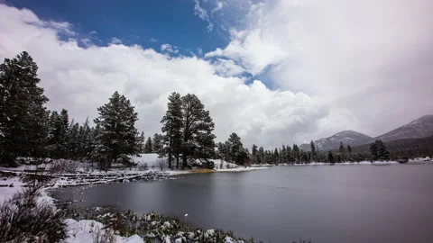 Time Lapse - Beautiful clouds move over a lake in Rocky Mountain National Park Stock Footage 197098539