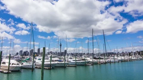 Time Lapse - Beautiful Clouds Moving Over Harbor of Auckland, New Zealand Video stock 74950514