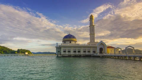 Time-lapse of beautiful floating mosque at Pangkor Island during sunrise. Stock Footage 226113089